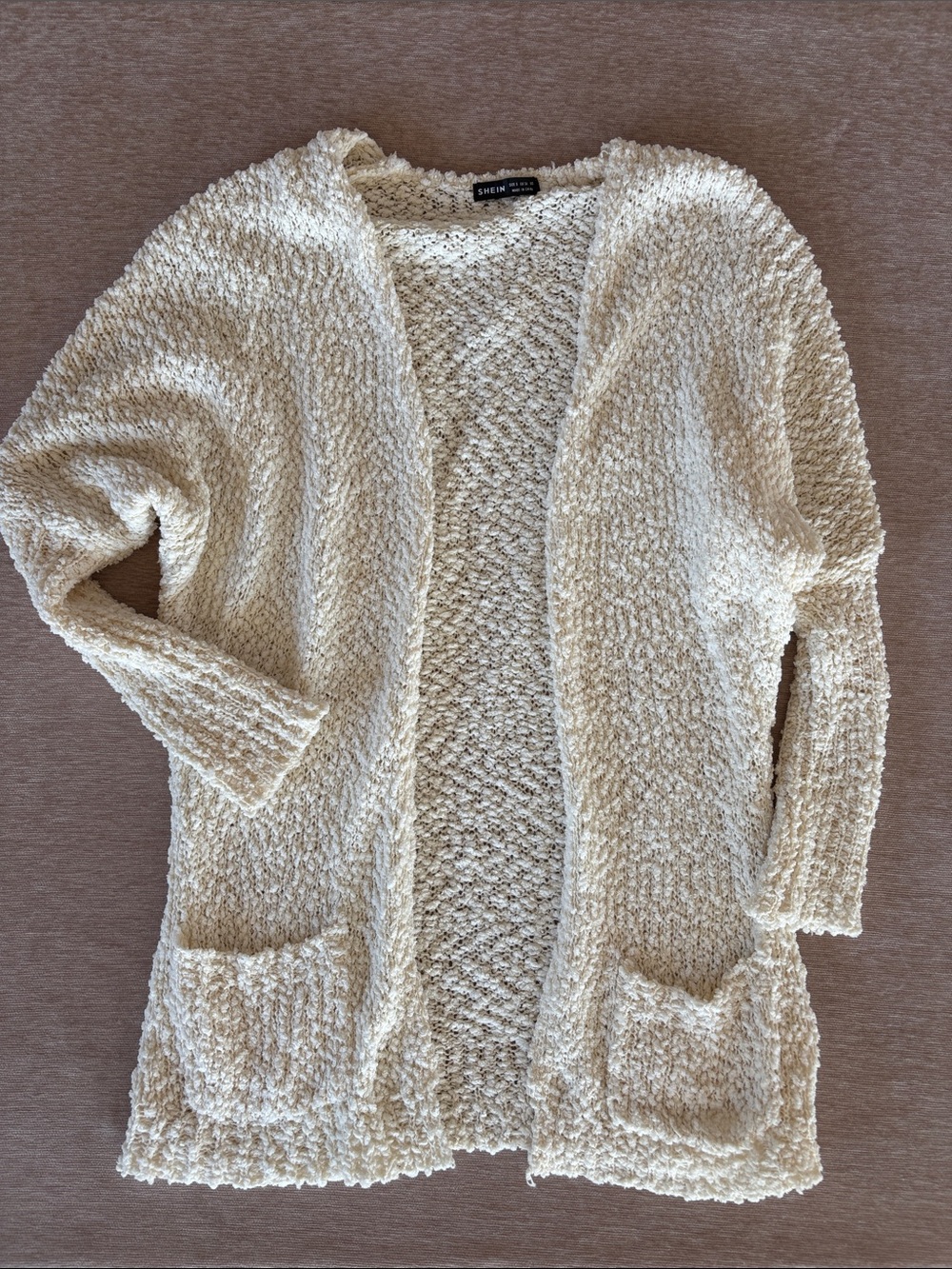 SHEIN Cream Textured Open-Front Chenille Cardigan W/ Pockets & Fitted Sleeves S